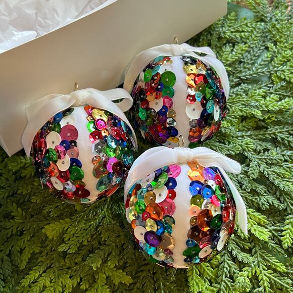 Sequin Ball Push Pin Christmas Ornaments Multicolored White Velvet Bow Set of 3 - Picture 1 of 7